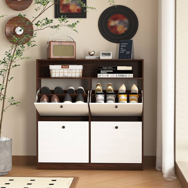 Shoe Storage Cabinet with 4 Flip Drawers , Shoe Rack Organizer Cabinet with wooden