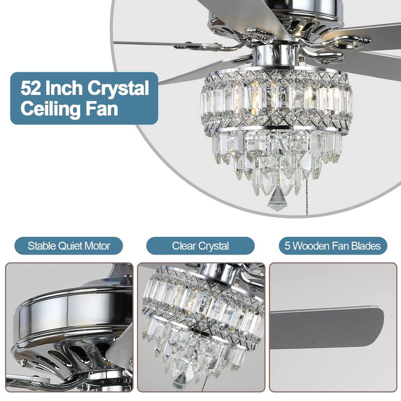CurveCurio 52-inch Classic Ceiling Fan with Crystal Light Shade, 3 Light, Remote Control and Pull Chain Control for Living Room