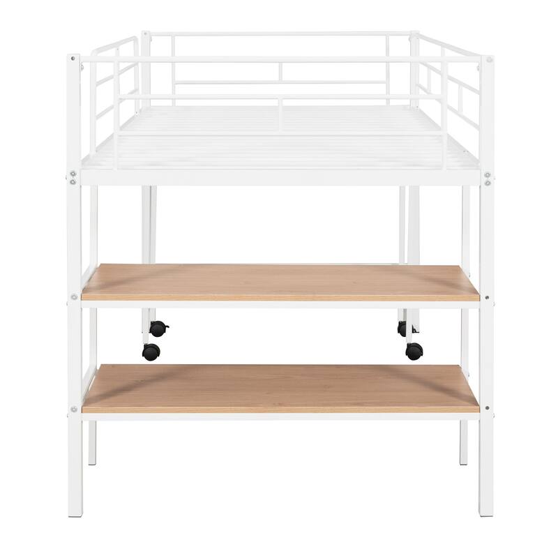Twin Over Low Loft Bed Frame with Rolling Desk and Shelves,Twin Size Metal Bed with Steel Slat Supports,for Teens Kids Child