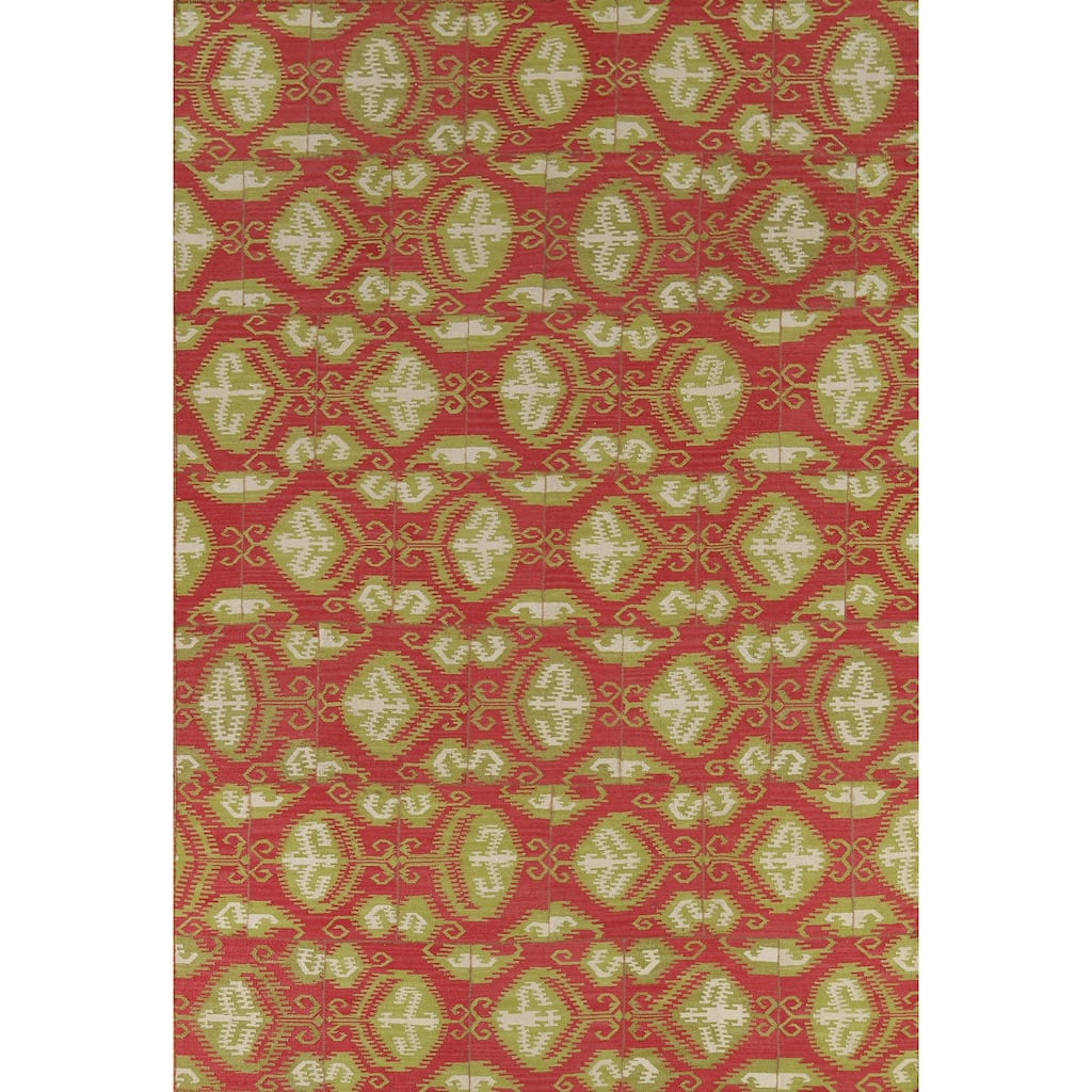 Kilim Oriental Area Rug Flatweave Geometric Pink Wool Carpet - 8'0"x 10'11"