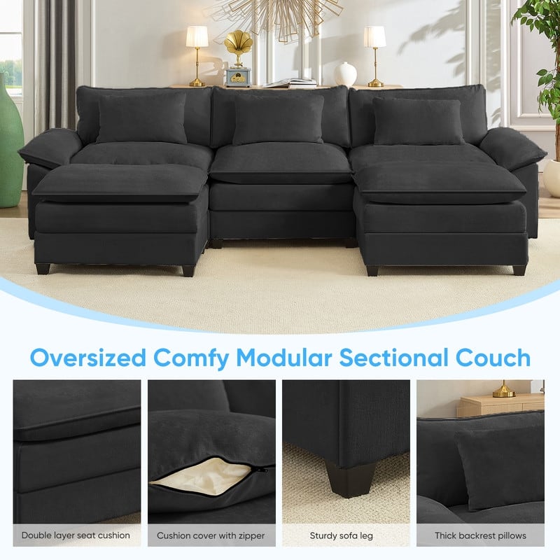 Modern 118'' U-Shaped Modular Sectional Sofa with 2 Ottomans, 5-Seat Cloud Couch, Modern Chenille Sofa Sleeper Deep Seat Couches