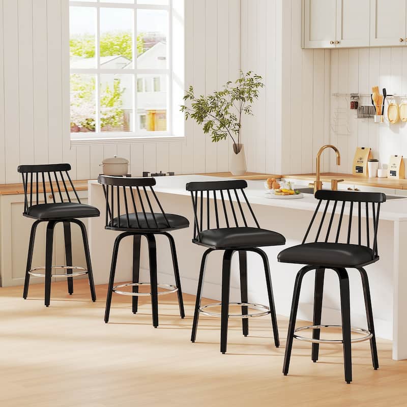 Mid-century Spindle Back Swivel Counter Height Bar Stools - 37.2"H x 18.9"W x 18.9"D - Set of 4 - Black