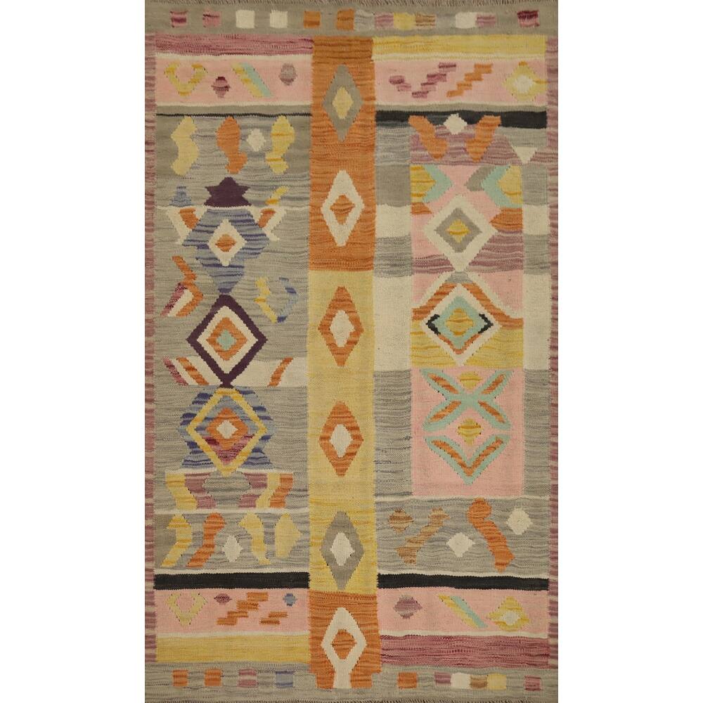 Hand Woven Oriental 100% Wool Carpet Southwestern Tribal Multi-Colored Kilim Area Rug - 5' 1'' X 3' 3''