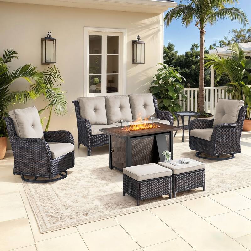Gymojoy 7-Piece Patio Set w/ 55K BTU Fire Pit, 3-Seater Sofa, Swivel Rockers & Ottomans for Backyard, Deck