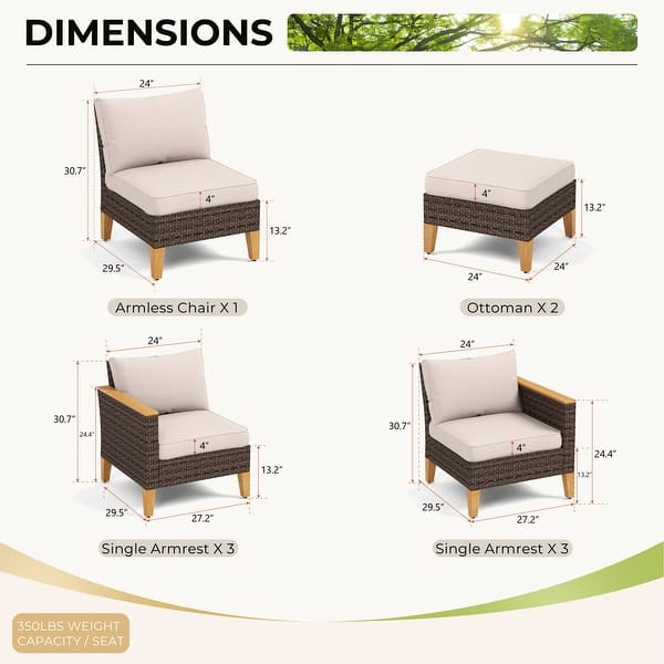 dimension image slide 1 of 8, 9-Piece Outdoor Wicker Sectional Sofa Patio Furniture Luxury Conversation Set, Beige Cushion