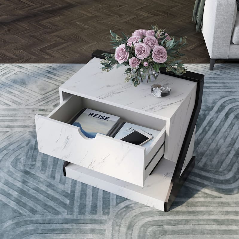 DH BASIC Modern White Faux Marble 1-Drawer Nightstand Side Table by Denhour