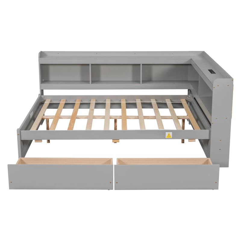 Corner Daybed Bookcases Bed with Power Outlets and Charging Ports, L-Shaped Storage Bed Frame Captains Bed with 2 Drawers
