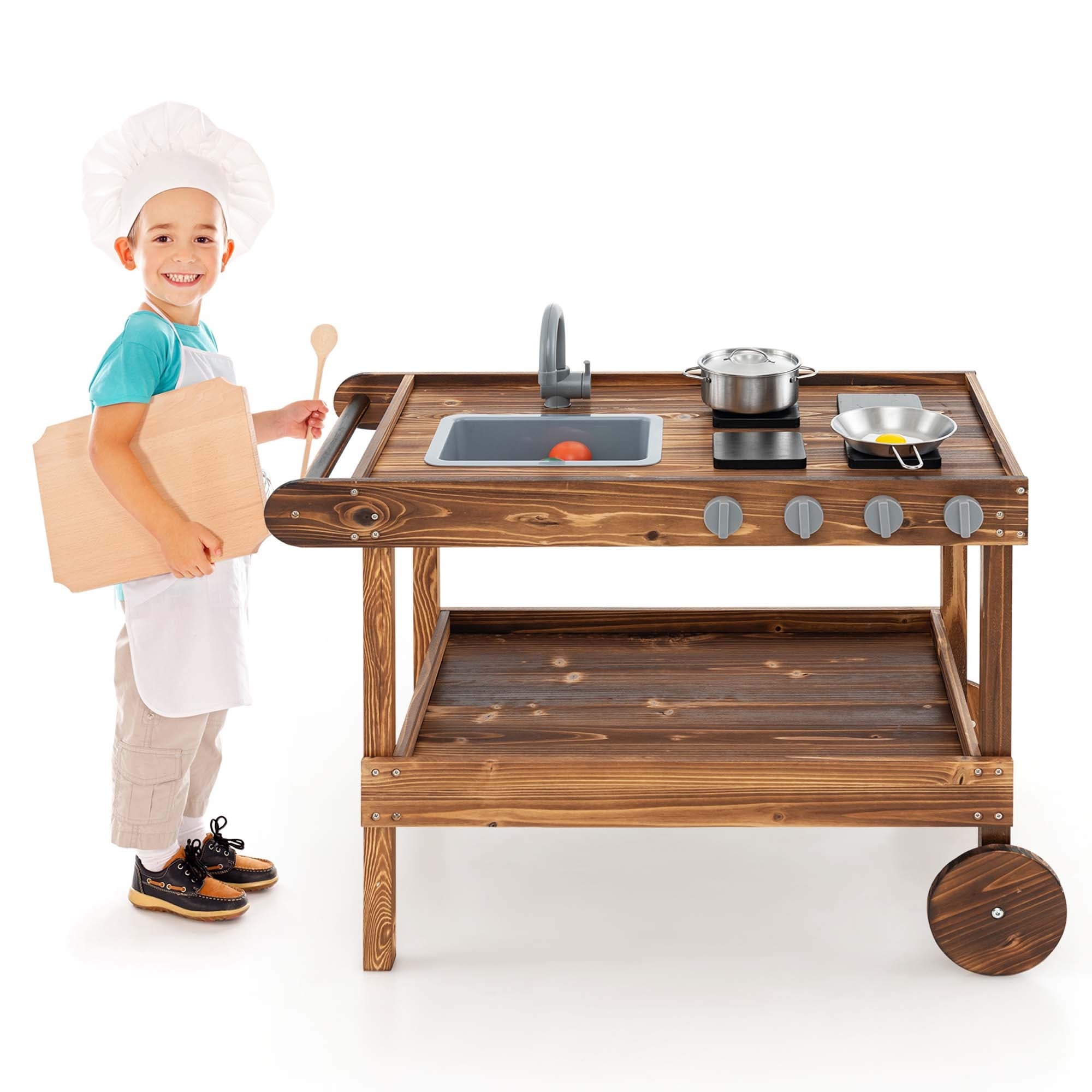 Costway Kids Wooden Mud Play Kitchen Cart with Sink, 4 Stoves & - See Details