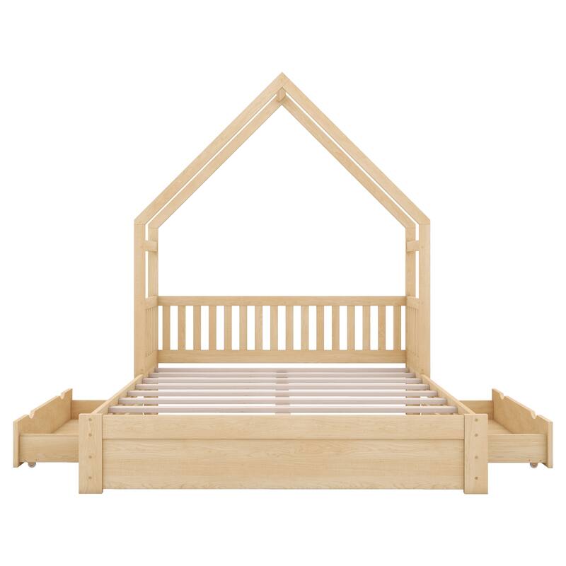 Wood Queen Size House Platform Bed with Guardrail and 2 Drawers
