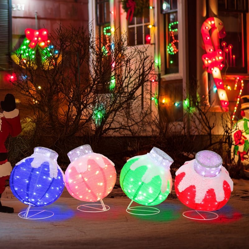 Set of 4 Lighted Ball Ornaments Christmas Decorations - red+green+blue+pink