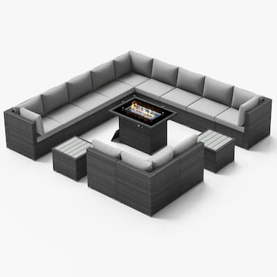 FINCATI 15-Piece Grey Wicker Patio Conversation Set with 43" Fire Pit