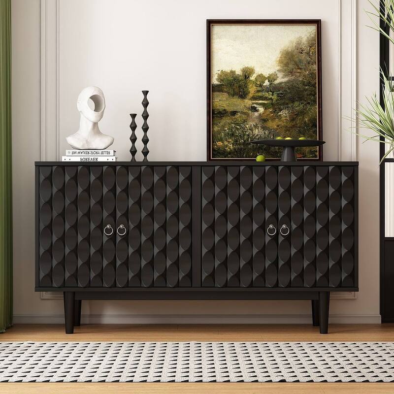 60" Modern 4-Door with Convex Pattern Doors and Silver Handles Buffet/Sideboard - Black
