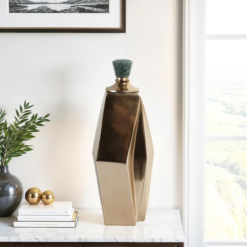 Metal and Marble Vase with Faceted Body Lid Contemporary Accent