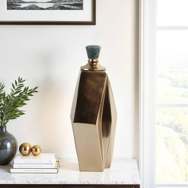 Metal and Marble Vase with Faceted Body Lid Contemporary Accent - 7" x 6" x 17"