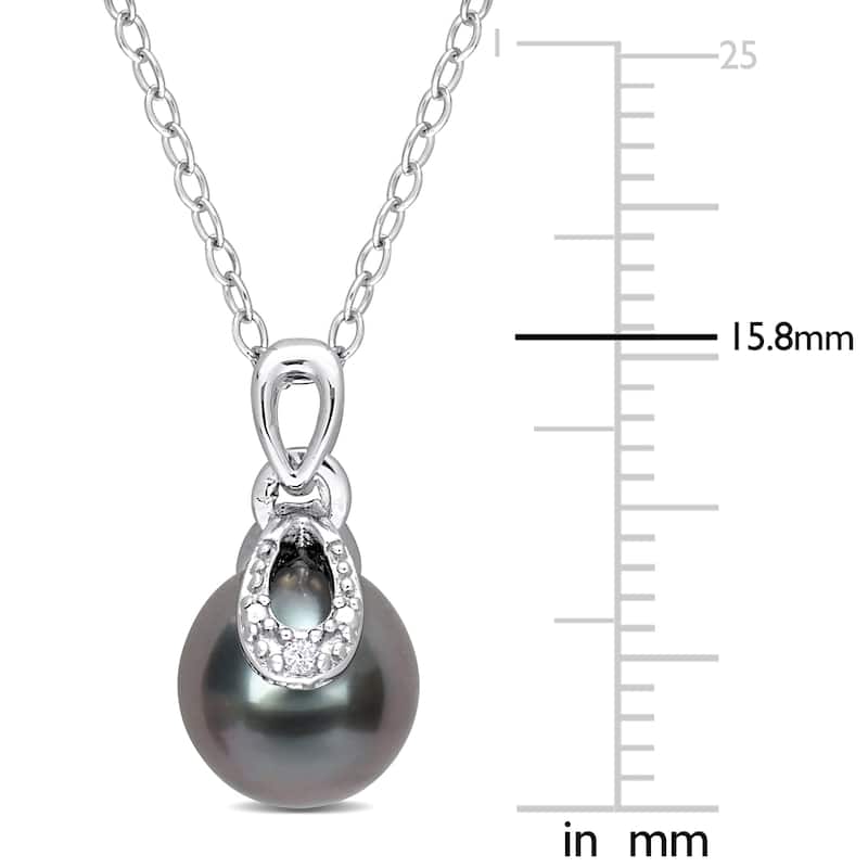 Miadora 8-9mm Black Tahitian Cultured Pearl Diamond Accent Drop Pendant Chain Sterling Silver