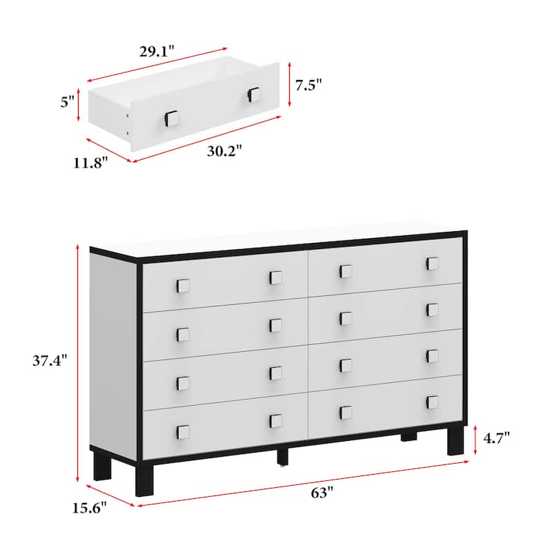63" Modern 8 Drawer Dresser, Black & White Double Wide Bedroom Storage Chest
