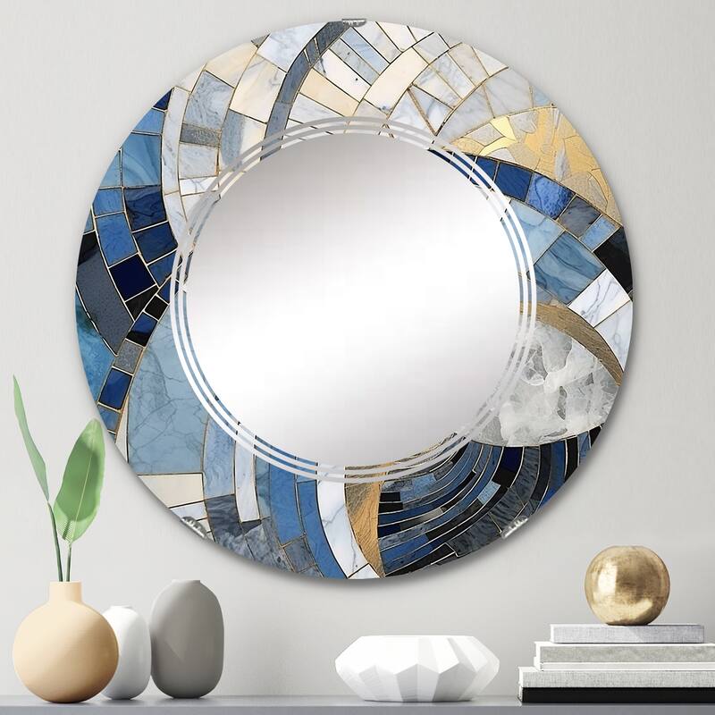 Designart "Gold Constructing Blue Realms I" Abstract Shapes Modern Wall Mirror - 24in.x24in.