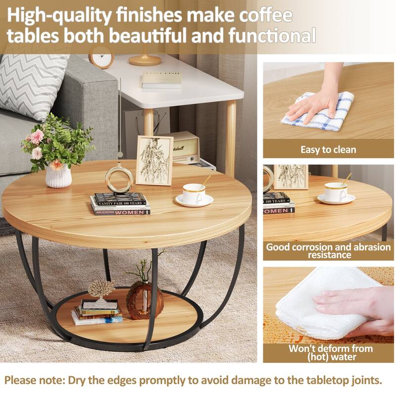 31.5 Inch Round Coffee Table 2 Tier Wood with Storage Modern for Living Room Kitchen
