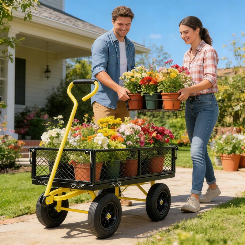 Anmytek Heavy Duty Steel Mesh Utility Wagon with Removable Sides 880 lbs Capacity Garden Cart - Black +Yellow - Metal