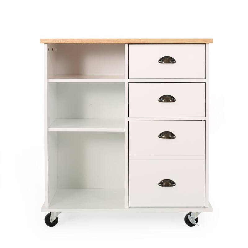 Fixed Wheel Rolling Modern Kitchen Utility Cart with 2 Drawers, 1 Cabinet, 3 Shelves and Rubberwood Top, Gray