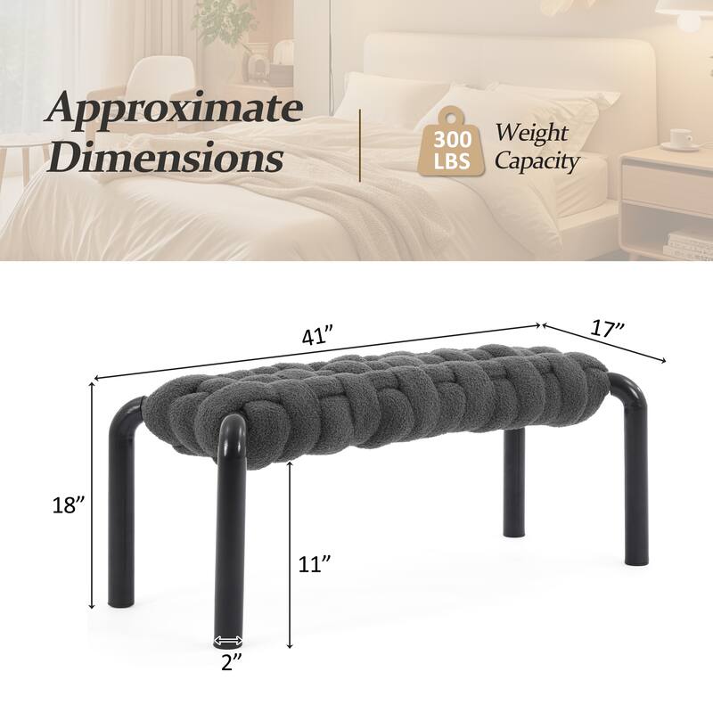 Christopher Knight Home - Teddy Braided Upholstered Bench with Black Metal Legs End-of-Bed Seating