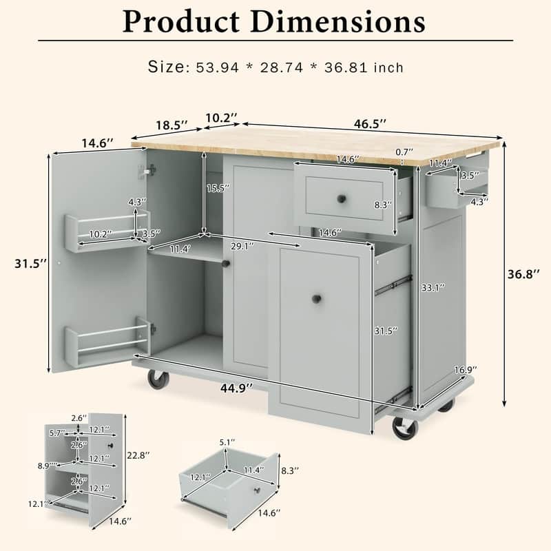 53.9" Width Kitchen Island on Wheels with Storage Rack and 3 Tier Pull Out Cabinet Organizer