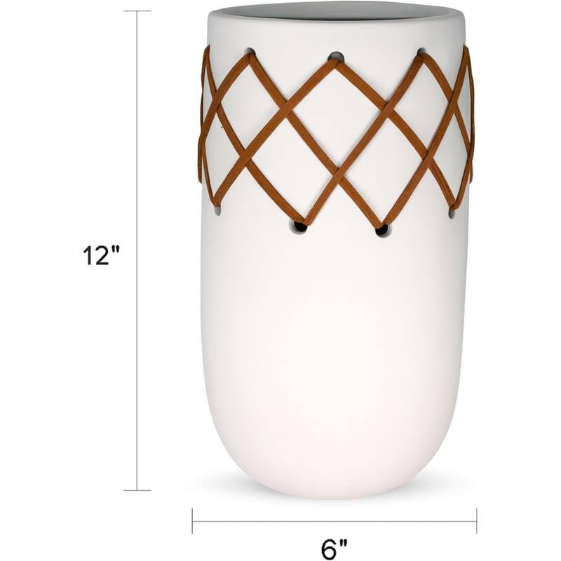 Aria Home Oblong Ceramic Vase Milky White With Leather Stitch