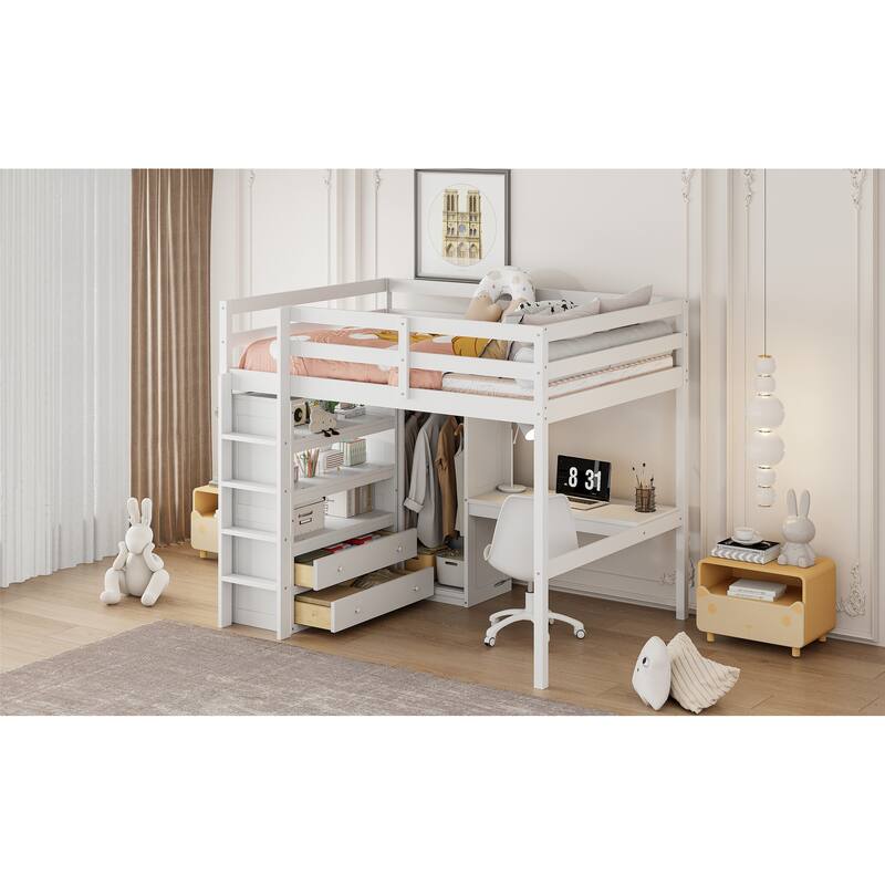 Full Size Loft Bed with Built-in Wardrobe, Desk, Storage Shelves, and Drawers, White