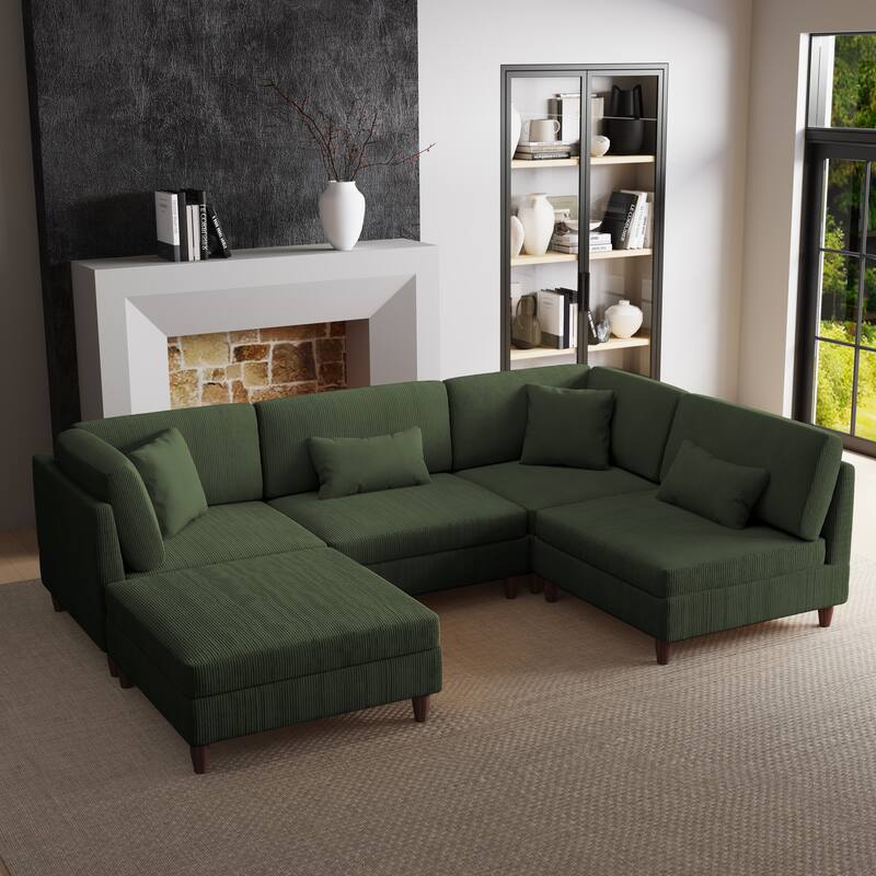 Corduroy Modular Sectional Sofa Set With Ottoman - 5 Pieces/Green - Symmetrical