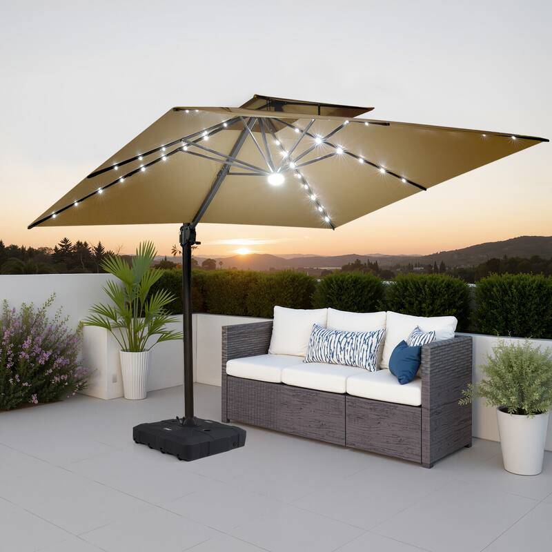 Pellebant 11X11 FT Outdoor Square Cantilever Patio Umbrella Solar LED Lighted with HDPE Base - Tan