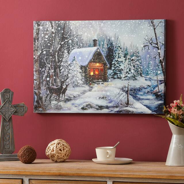 Christmas Winter Wonderland Log Cabin Holiday Canvas Print with LED Lights - 15.63" H x 23.62" W x 0.98" D