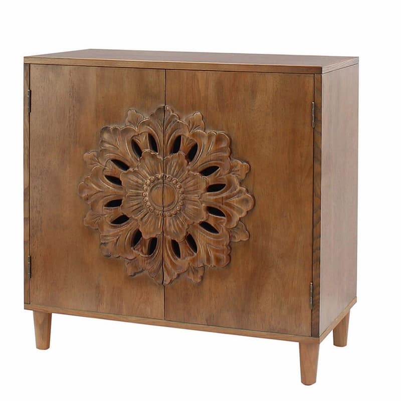 Rustic Solid Wood Sideboard with 2-Door,Accent Storage Cabinet with Floral Design