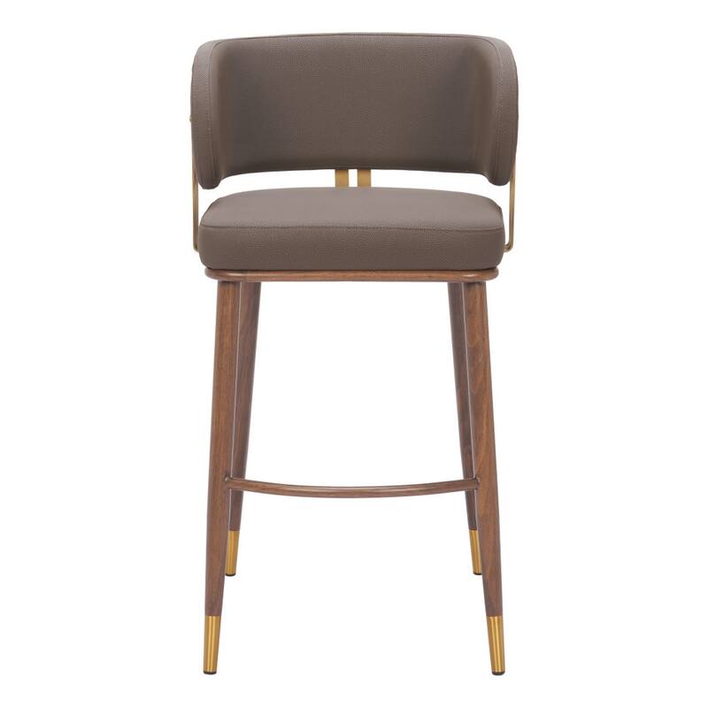 HomeRoots 30" Brown Gold and Walnut Steel and Faux Leather Low Back Bar Height Bar Chair