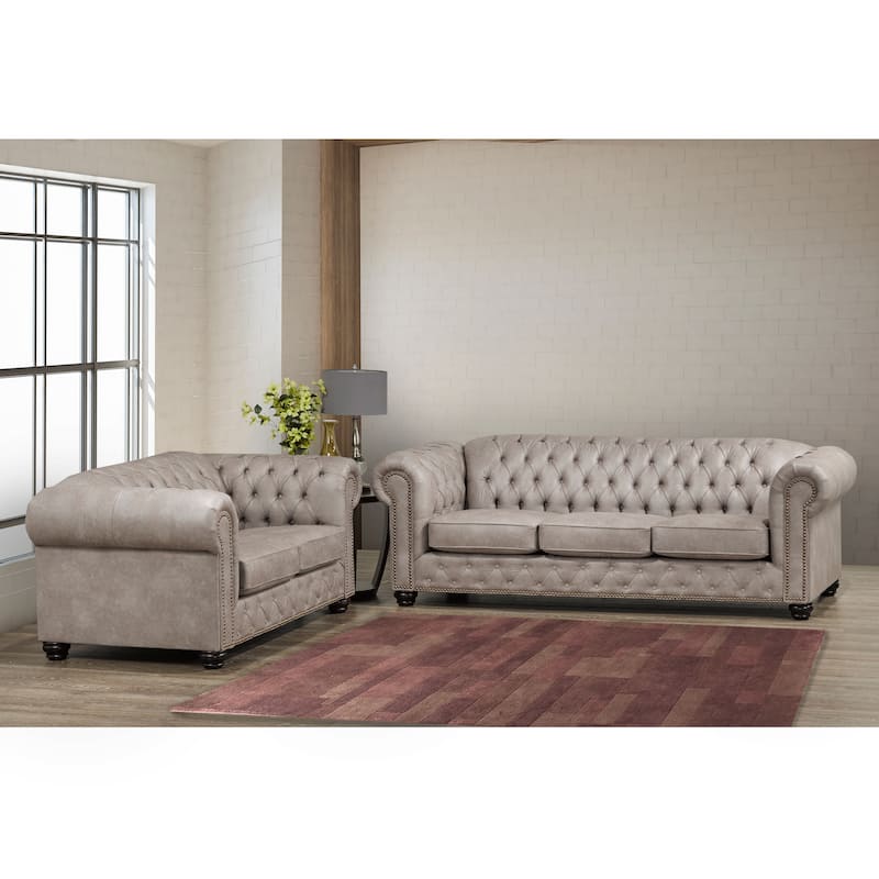 Heston Tufted Light Grey Faux Leather Chesterfield Sofa