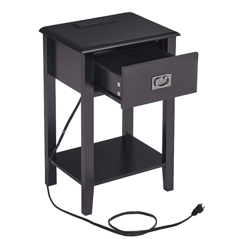 Black Nightstands Set of 2 with Charging Station and USB Port