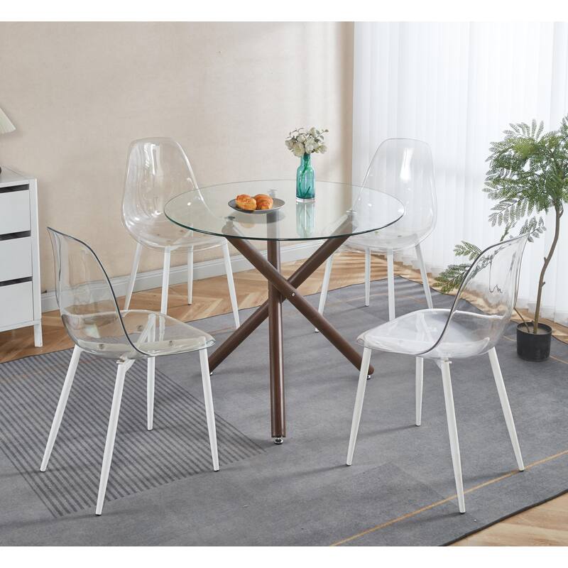 Round Dining Table With Color Metal Leg And Tempered Glass