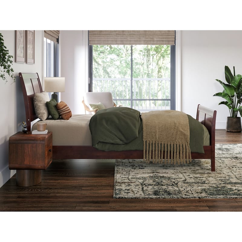 Twin XL Platform Bed Wood Sleigh Bed Low Profile Modern Bed Walnut Finish
