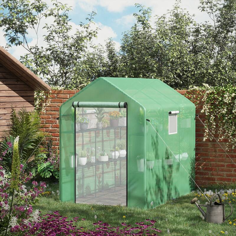7' x 5' x 6' Walk-in Greenhouse with Mesh Door and Windows, 18 Shelf Hot House with Trellis, Plant Labels, UV protective