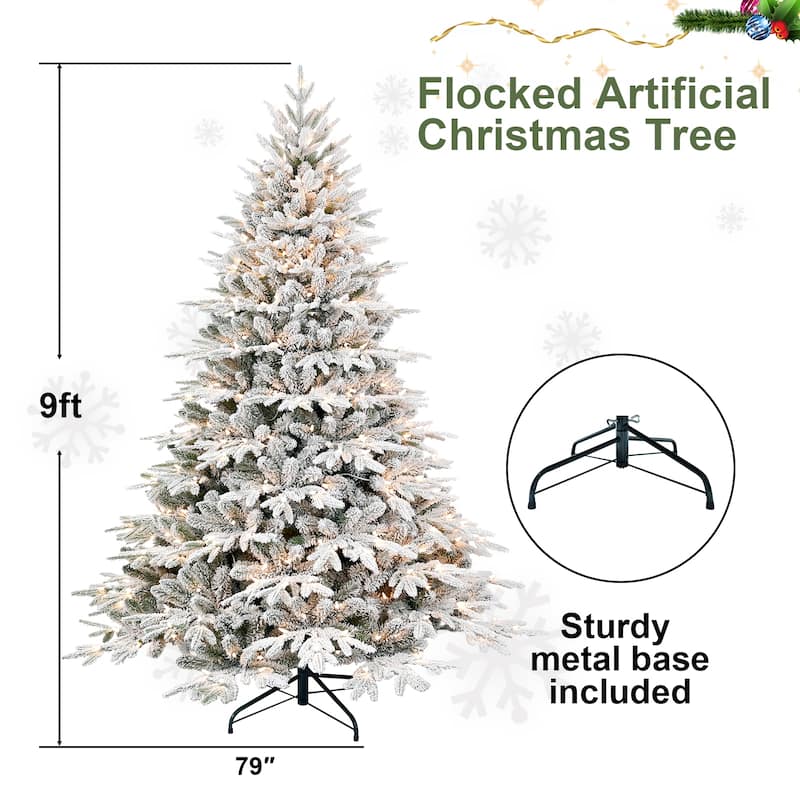 9ft Pre-Lit Flocked Artificial Christmas Tree with 1050 Lights,Hinged Pine with Partial Memory Wire Branches,Metal Stand