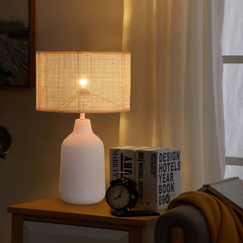 21 in. Boho Ceramic Table Lamp with Ceramic Base and Rattan Shade for Living Room, Bedroom, Dining Room