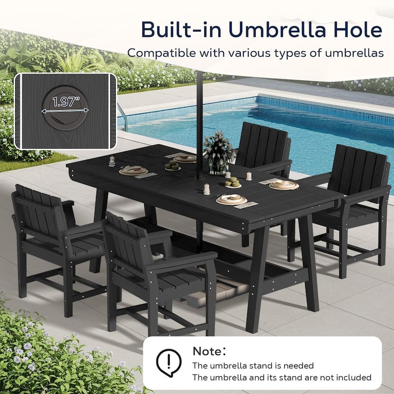 HDPE Patio Dining Set with Rectangular 67.91in W Table with Umbrella Hole and 4 Chairs - N/A