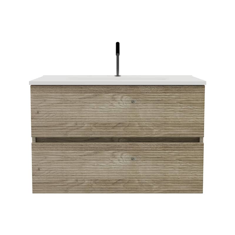 Wall Mounted Bathroom Vanity with Integrated Ceramic Sink with Overflow - Oak