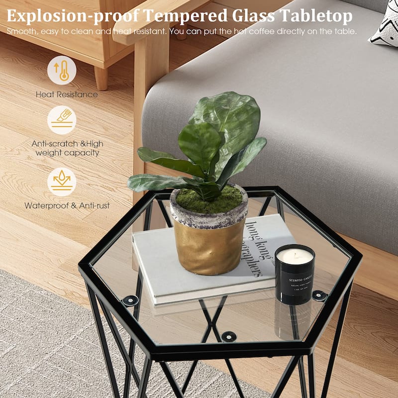 Costway End Table Tempered Glass Top Metal Frame Hexagonal Accent Side - 16''x 13.5''x 24''