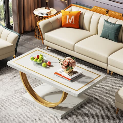 47 Inche Rectangular White Faux Marble Coffee Table with Semi-circular Golden Metal Legs for Living Room