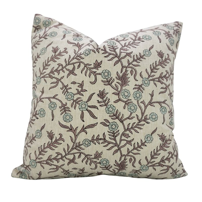 Fabdivine Linen Cushion Cover Floral Throw Handmade Purple Pillow Case for Couch Office Guest Bedroom Farmhouse, Pushaplata - Shehjan- Light Blue, Brown - 14" x 20" - Pillow Covers