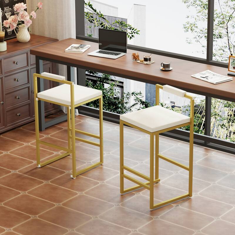 Set of 2 Velvet Upholstered Bar Stools, Modern Counter Height Barstools Indoor Dining Chairs - Gold & Creamy White