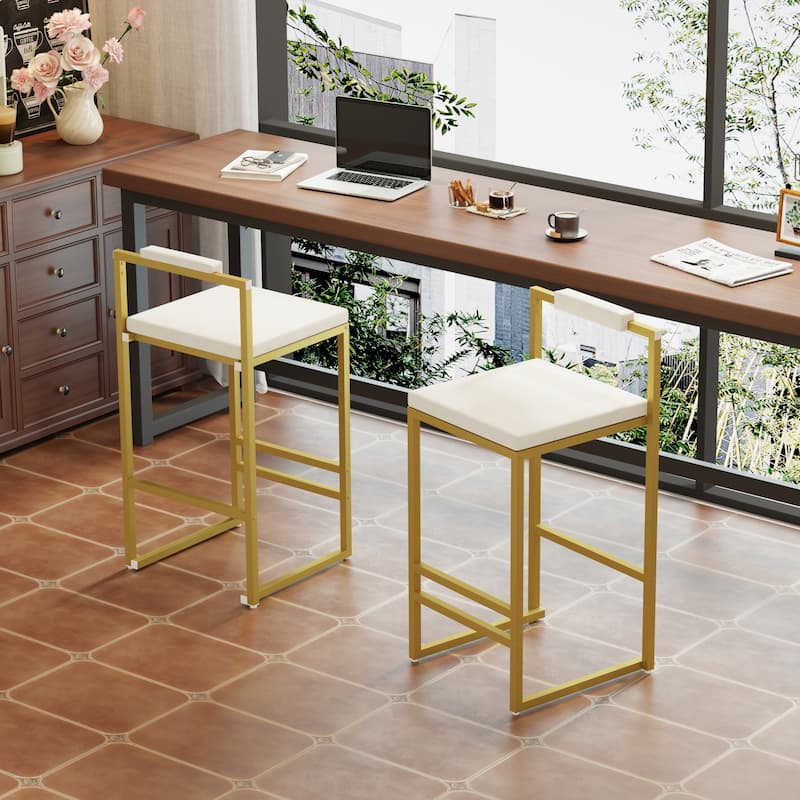 Upholstered Velvet Bar Stools Set of 2 Modern Kitchen Counter Height Barstools Indoor Dining Chairs (Gold & Creamy White)