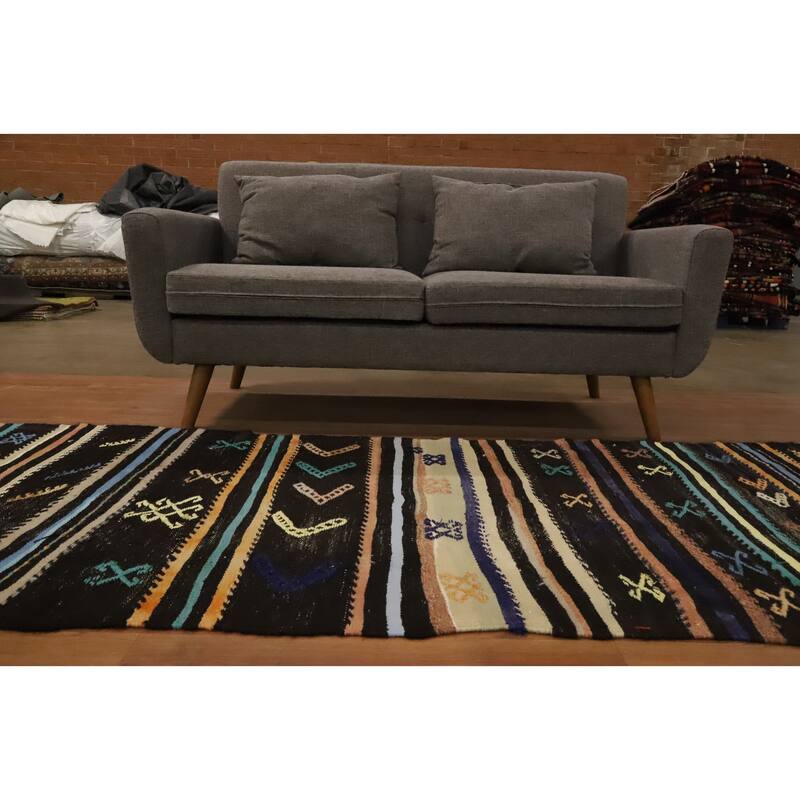 Hand Woven Oriental 100% Wool Carpet Southwestern Tribal Black Kilim Runner Rug - 9' 6'' X 3' 4''