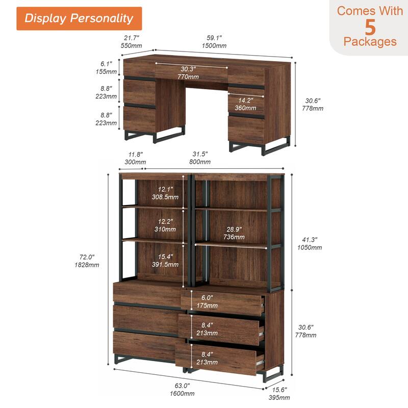 59In Modern Executive Desk With Charging Station & Drawers And 2 PCS 72In Tall BookcasesFor Living Room, Bedroom