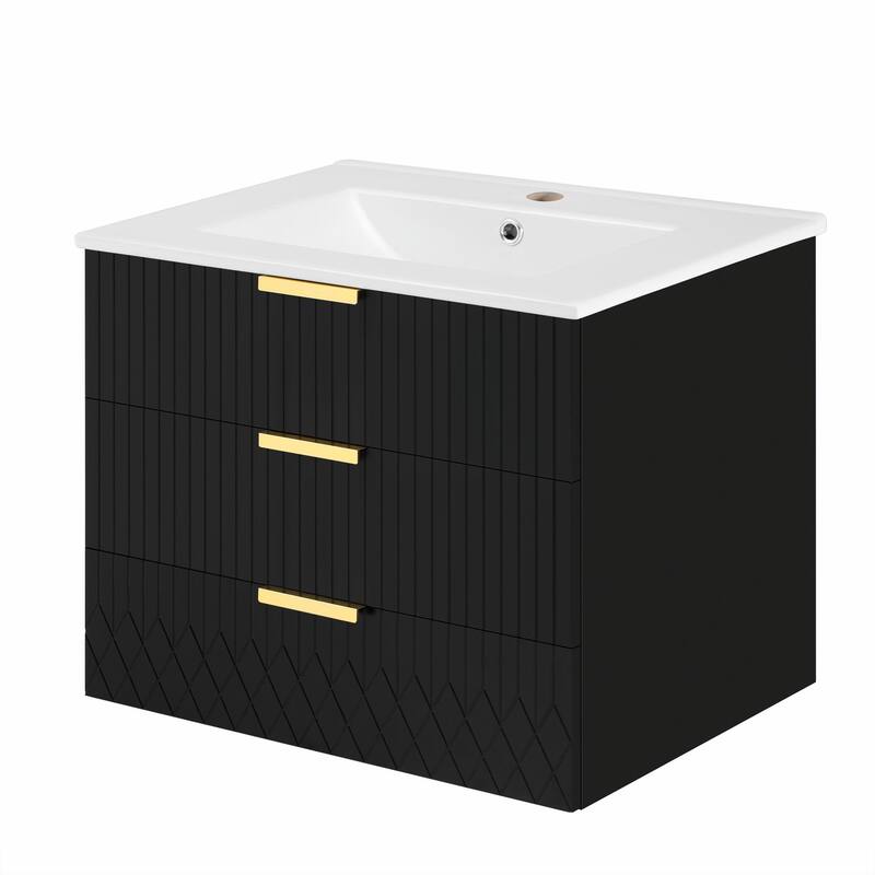 24-inch Wall-Mounted Floating Cabinet with Double Drawer, Rectangular Vanity Sink